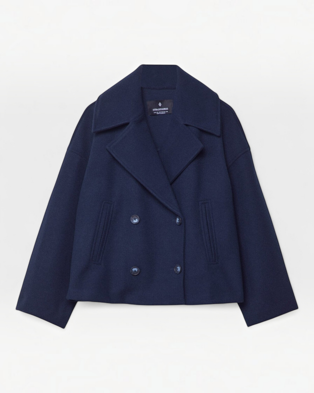 Luna Moda navy blue double-breasted short jacket with wide lapels and button closure in a contemporary style