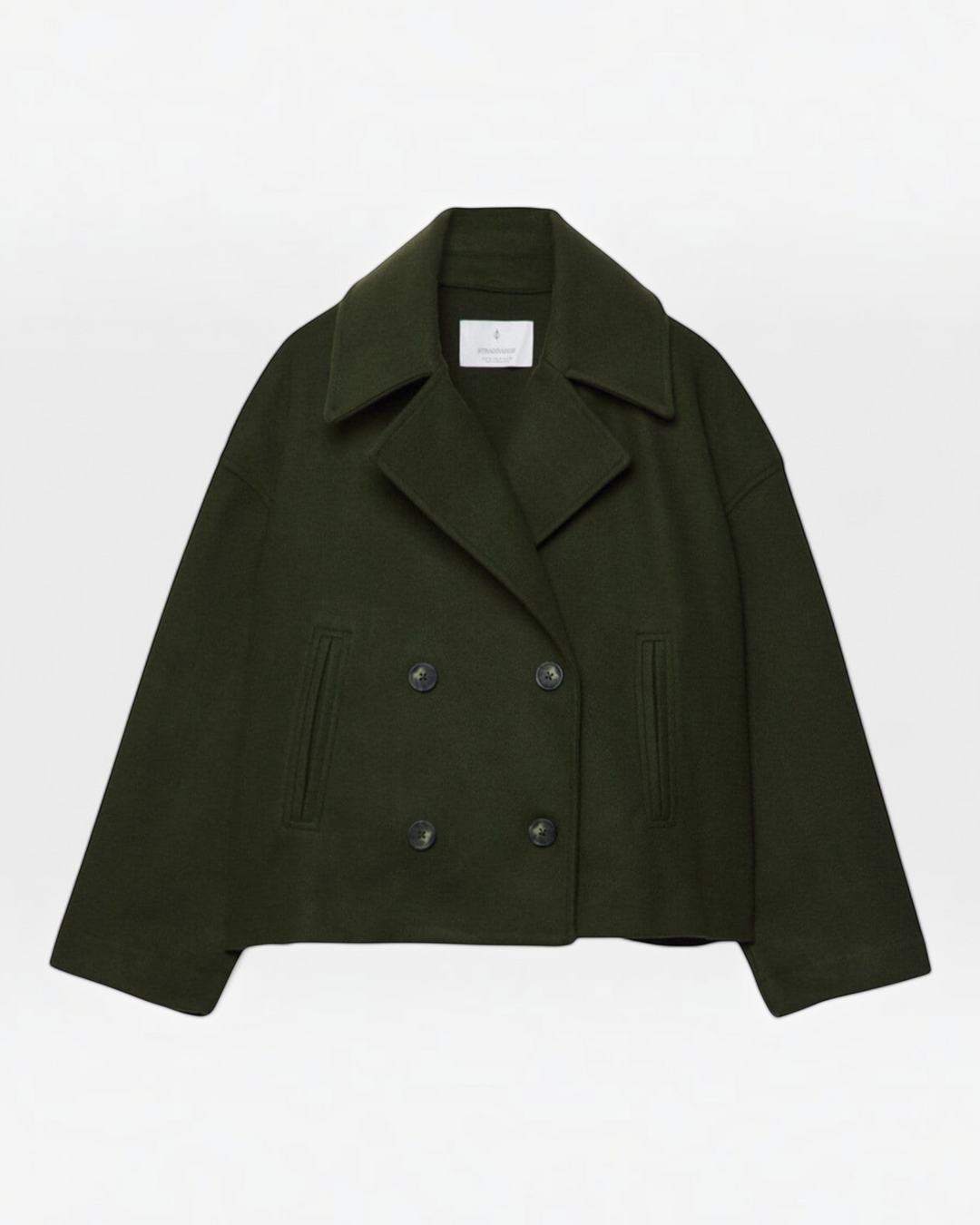 Luna Moda dark green double-breasted short wool jacket with wide lapels and button closure