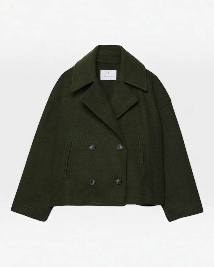 Luna Moda dark green double-breasted short wool jacket with wide lapels and button closure