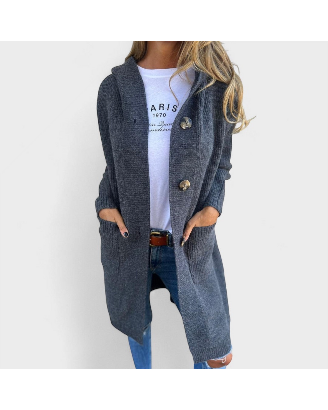 Luna Moda Beatriz long charcoal grey hooded knit cardigan with large buttons worn over a white graphic tee and jeans