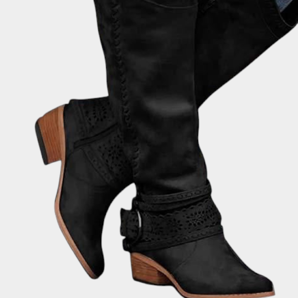 Luna Moda black suede cowboy style knee-high boots with decorative buckles and low stacked heels