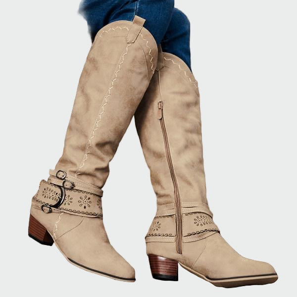Luna Moda beige suede cowboy boots with decorative buckles, side zippers, and low stable heels for a boho look.