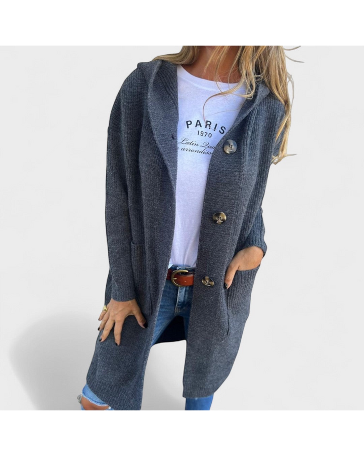 Luna Moda Beatriz long grey hooded knit cardigan with front buttons worn over a white graphic t-shirt and jeans