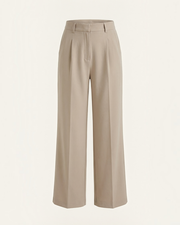 Luna Moda high-waisted beige palazzo trousers with pleated details and a wide-leg silhouette.