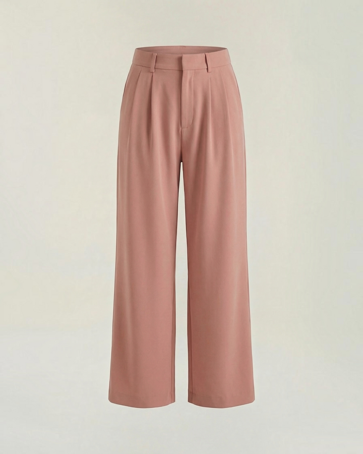 Luna Moda high-waisted palazzo trousers in dusty rose with elegant pleats and a fluid, wide-leg silhouette.