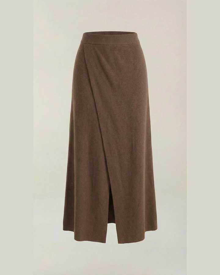Luna Moda Gwendolyn brown midi wrap skirt in soft knit fabric with a clean overlapping front design
