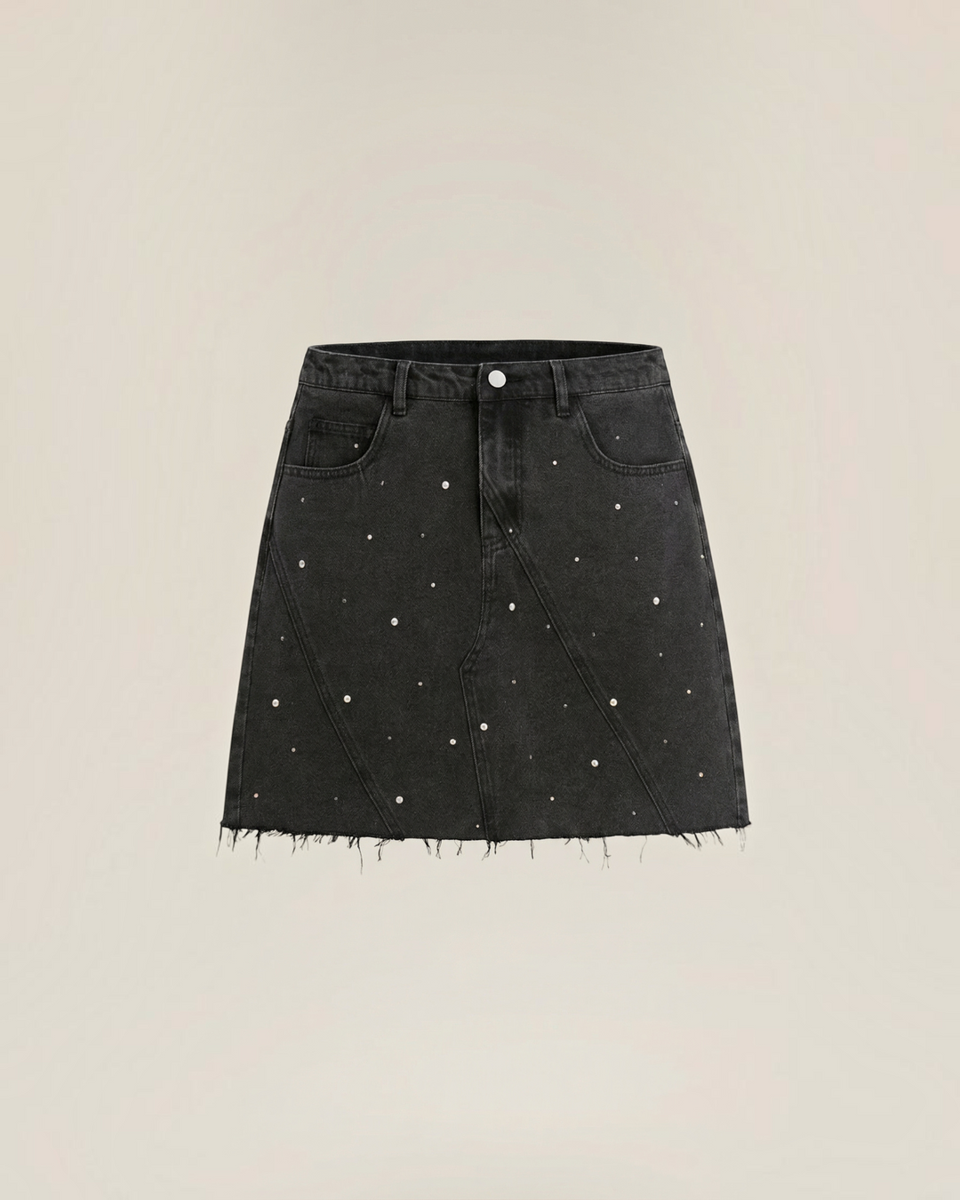 Luna Moda black denim mini skirt with pearl embellishments, high-waisted fit, and a raw frayed hem.