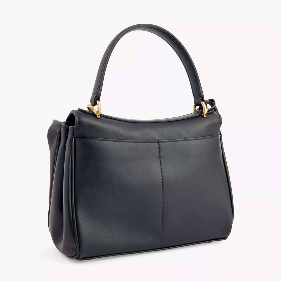 Luna Moda FEDERICA black vegan leather structured handbag with gold hardware and top handle, back view.