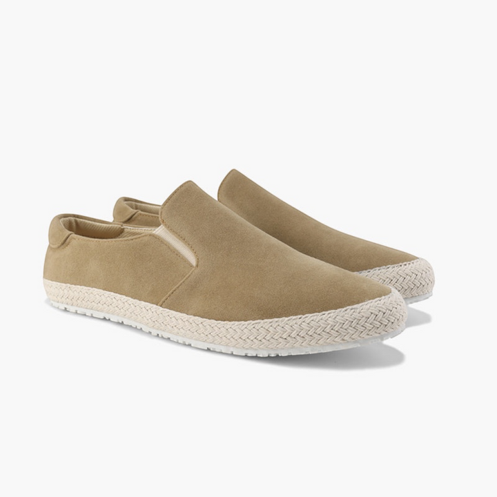 Luna Moda ADAM beige suede slip-on loafers with a braided jute-style trim and rubber sole for a casual look.