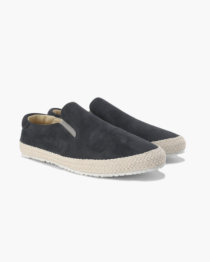 Luna Moda ADAM dark grey suede slip-on loafers with a braided jute-style trim and white rubber sole