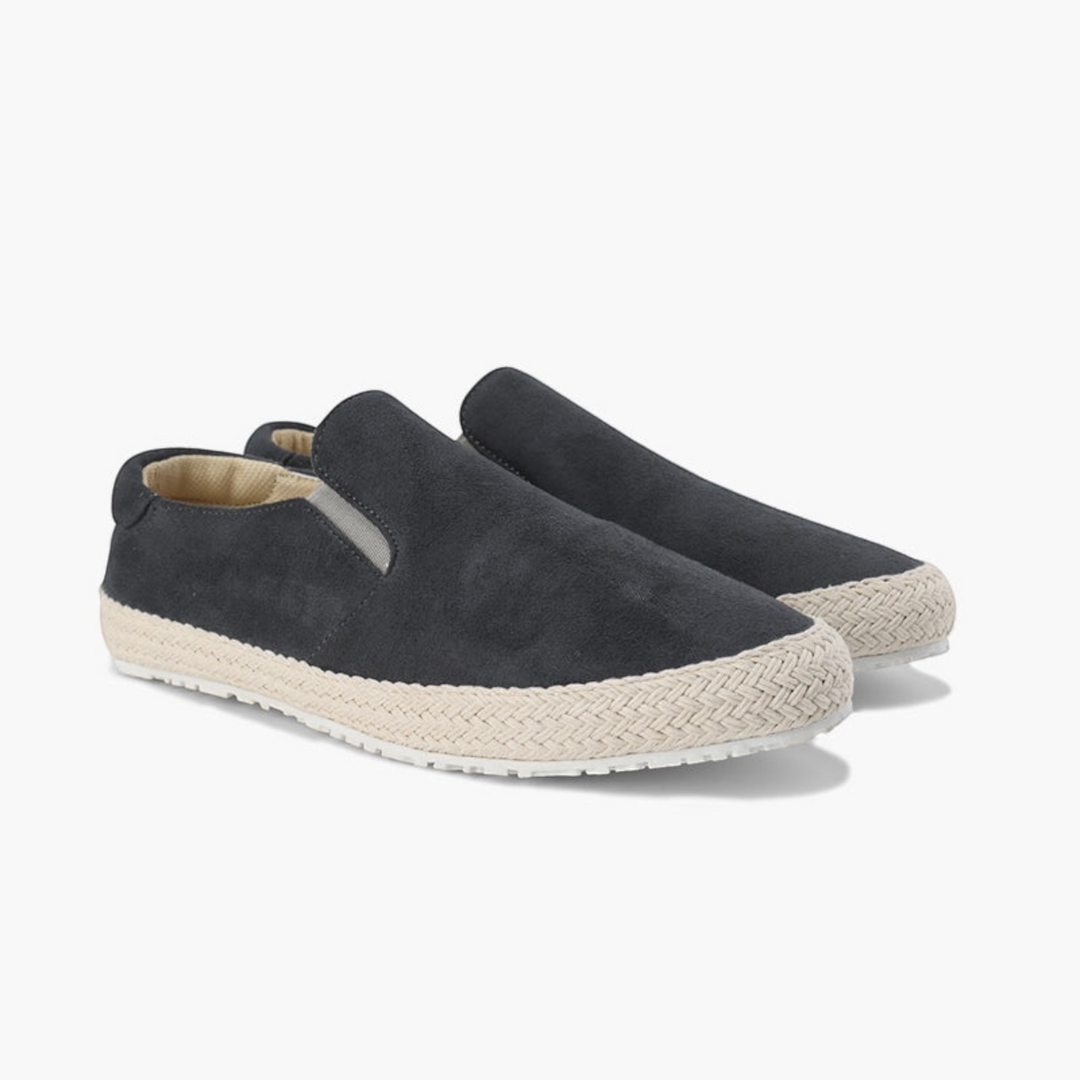 Luna Moda ADAM dark grey suede slip-on loafers with a braided jute-style trim and white rubber sole