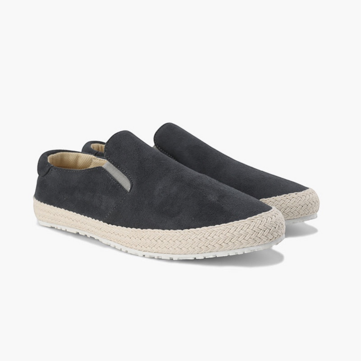 Luna Moda ADAM dark grey suede slip-on loafers with a braided jute-style trim and white rubber sole