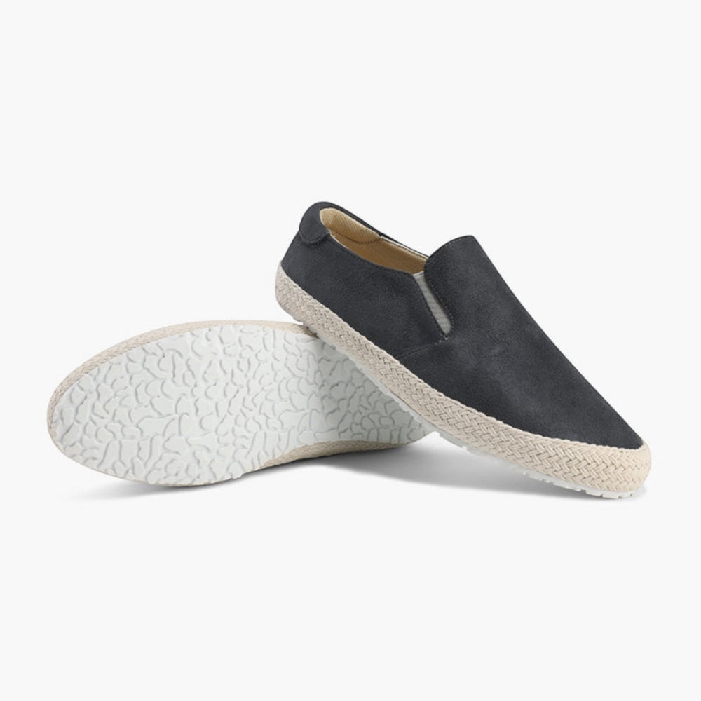 Luna Moda ADAM dark grey suede slip-on loafers with a braided jute trim and white rubber sole