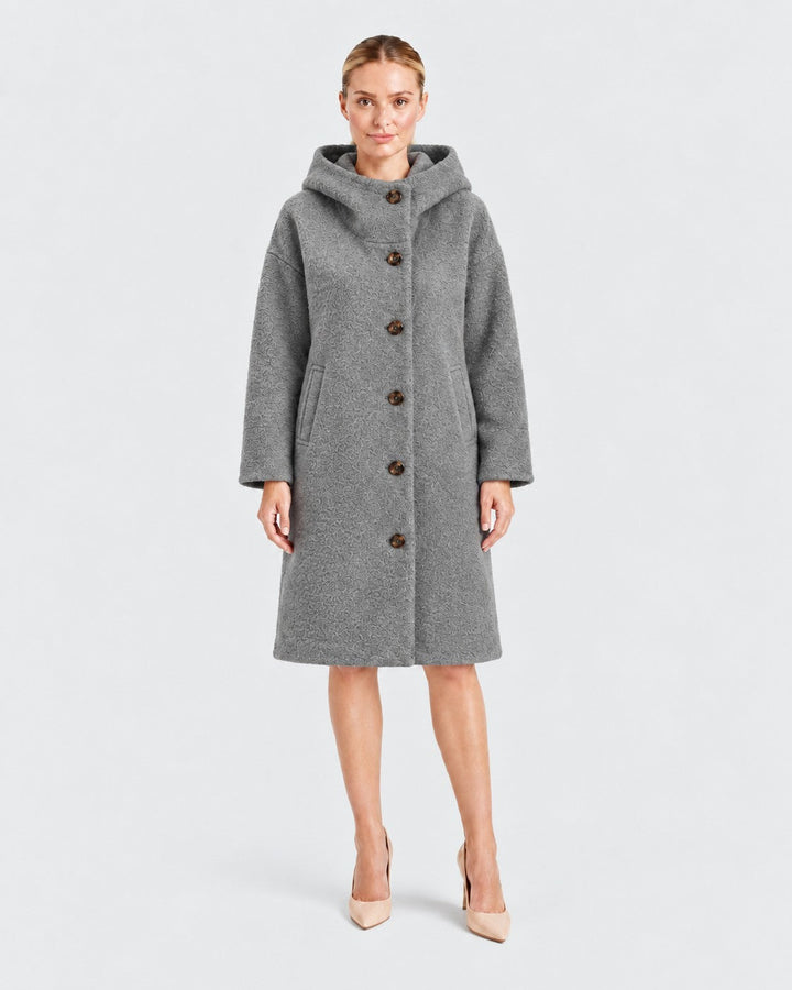 Luna Moda Adelaide grey wool-blend coat with a high collar and hood worn by a model in heels