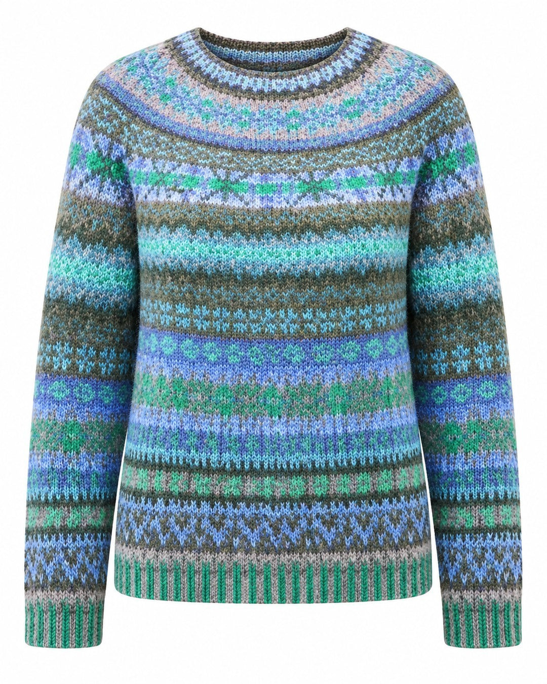 Luna Moda Agnese handmade Icelandic sweater with blue, green, and grey gradient striped patterns and crew neck.