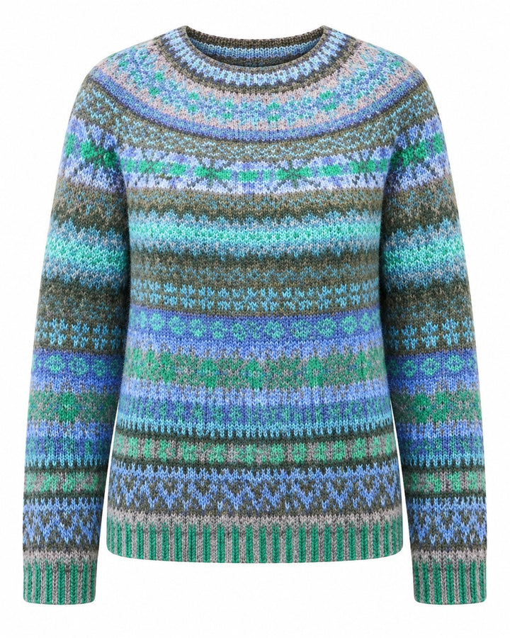 Luna Moda Agnese handmade Icelandic sweater with blue, green, and grey gradient striped patterns and crew neck.