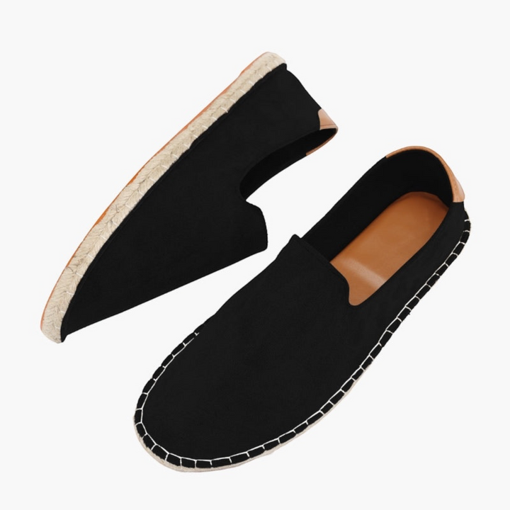 Luna Moda ALAN black wool espadrilles with rope soles and stitched detailing, shown from top and side angles.