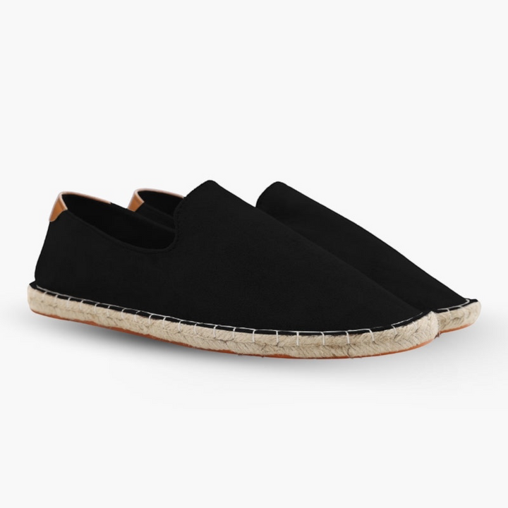 Luna Moda ALAN black wool espadrilles with a traditional braided rope sole and tan leather heel detail