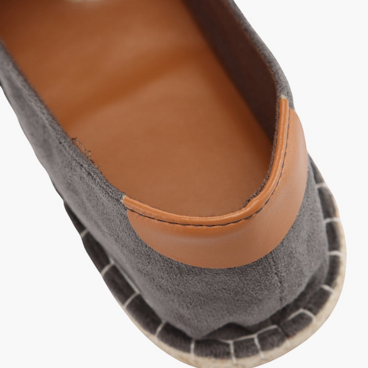 Luna Moda ALAN grey wool espadrilles with tan leather heel detail and traditional rope sole, close-up view.