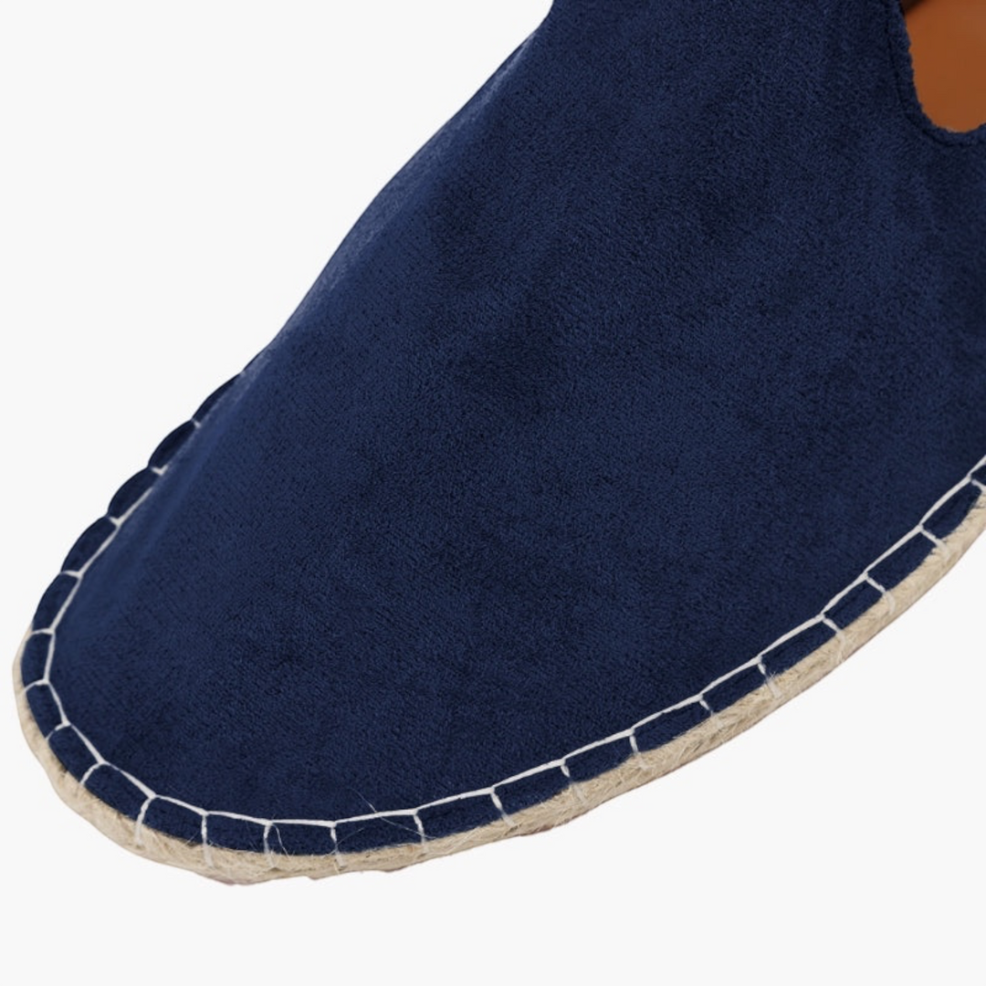 Luna Moda ALAN navy blue wool espadrilles featuring a traditional hand-stitched rope sole detail.