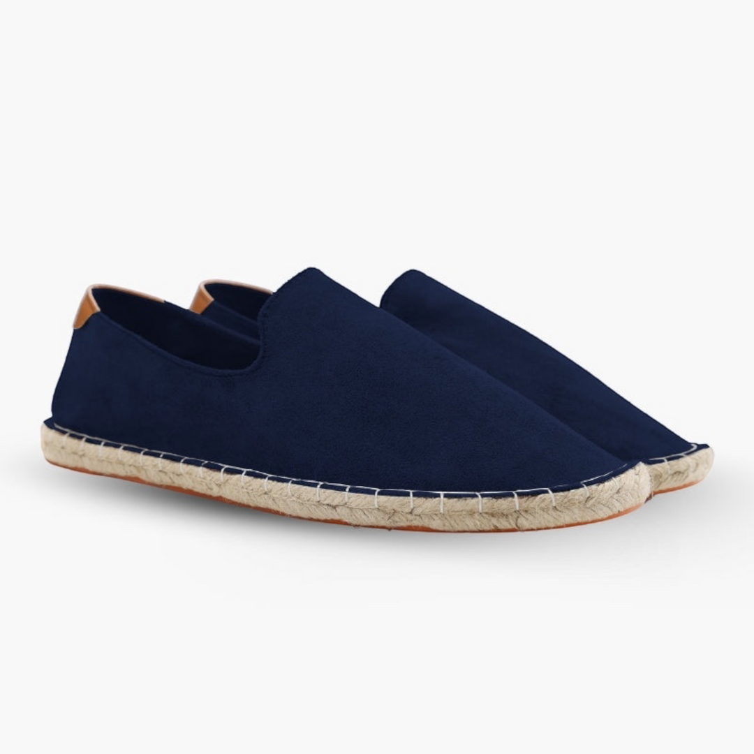 Luna Moda ALAN navy blue wool espadrilles with a traditional braided rope sole and leather heel detail.