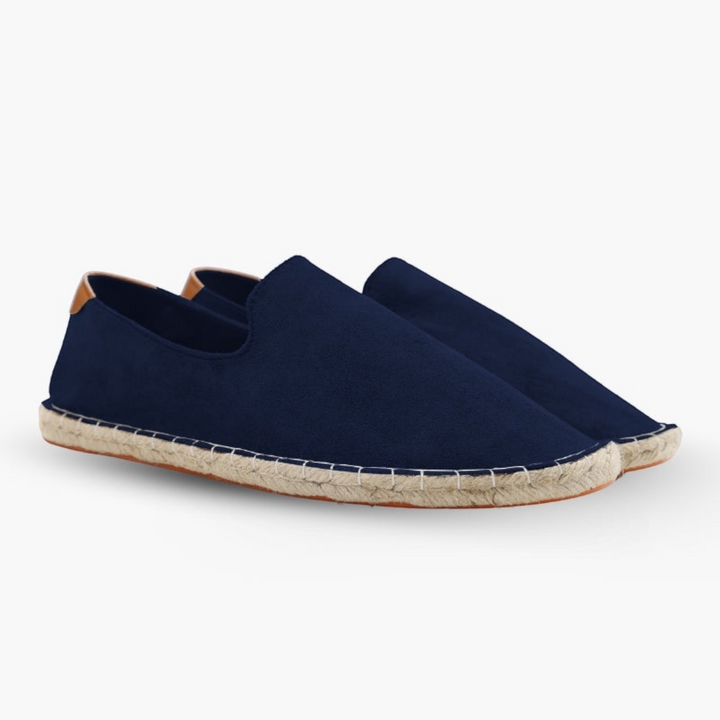 Luna Moda ALAN navy blue wool espadrilles with a traditional braided rope sole and leather heel detail.