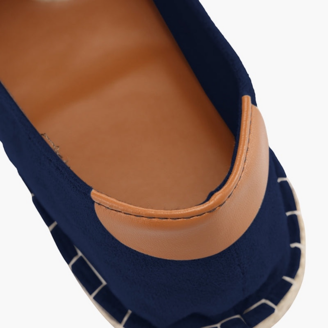 Luna Moda ALAN navy blue wool espadrilles with tan leather heel detail and traditional rope sole