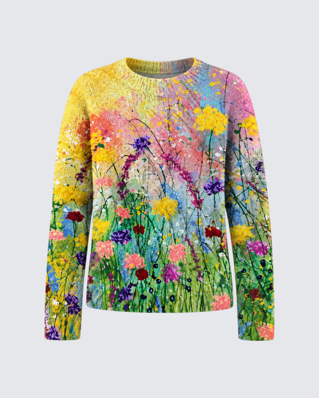 Luna Moda Albertina sweater featuring a vibrant, multi-colored floral print on a soft, breathable knit fabric.