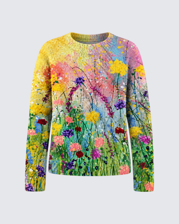 Luna Moda Albertina sweater featuring a vibrant, multi-colored floral print on a soft, breathable knit fabric.