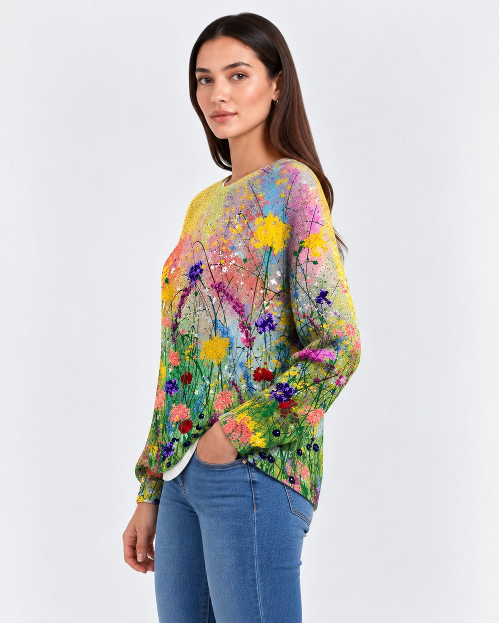Luna Moda Albertina sweater featuring a vibrant floral print on a soft, breathable knit worn by a woman with jeans.