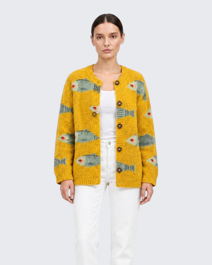 Luna Moda Allegra cardigan in vibrant golden yellow knit with a playful fish print and round vintage buttons