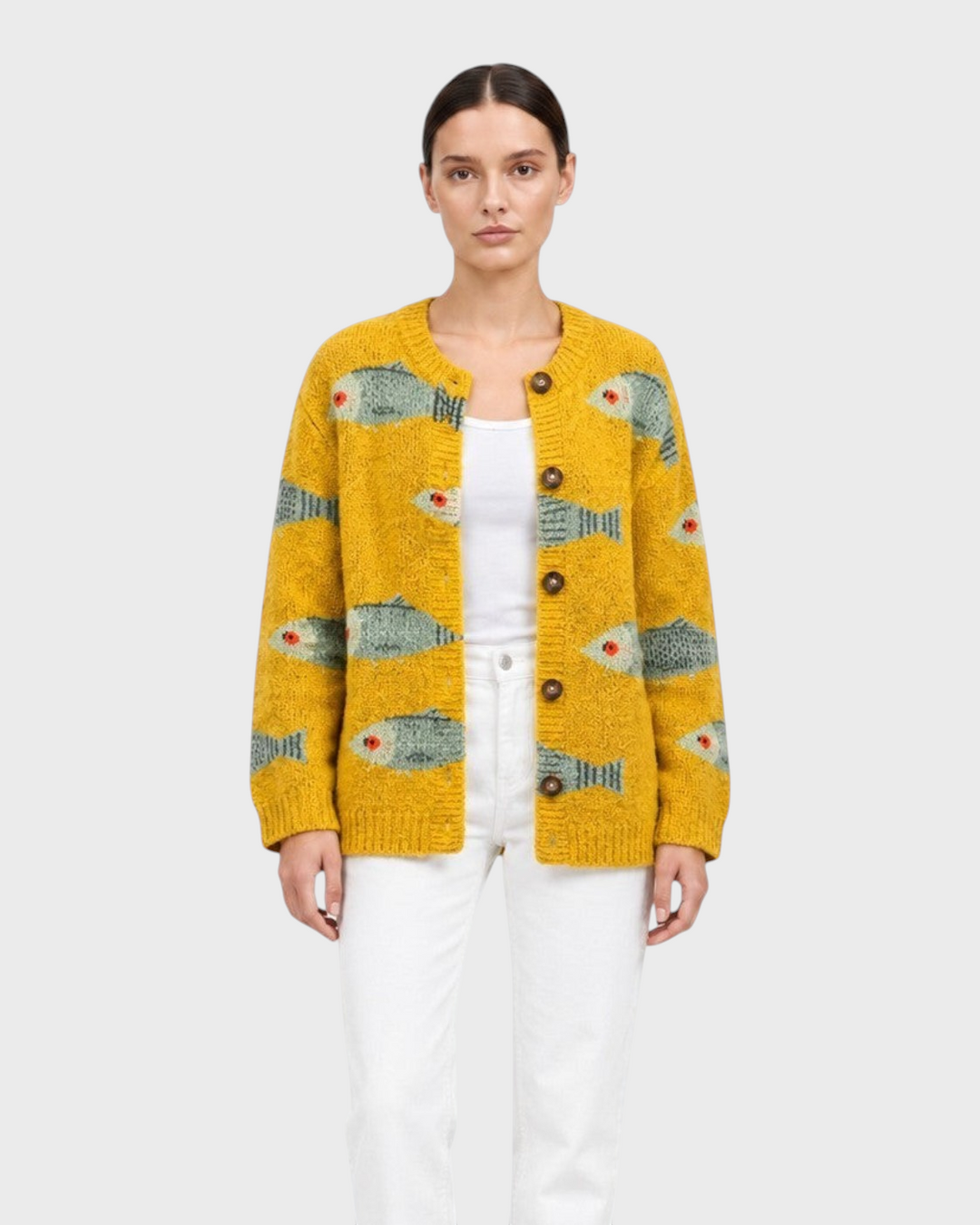 Allegra – Cardigan con stampa pesci in giallo | Luna Moda