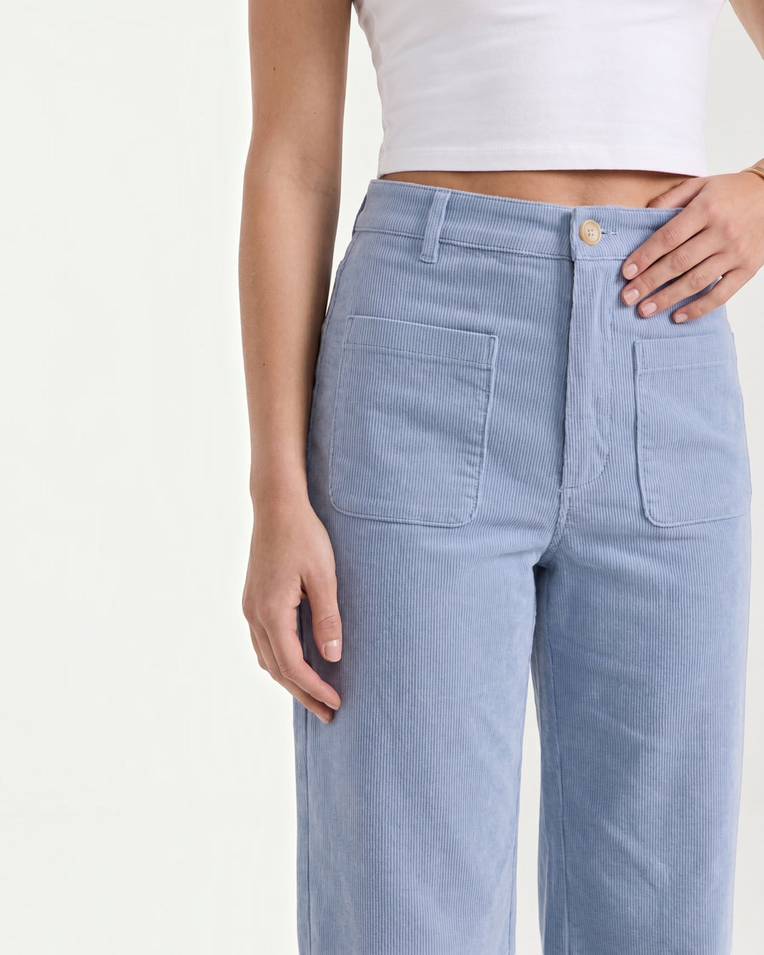 Luna Moda high-waisted wide-leg corduroy trousers in light blue with front patch pockets