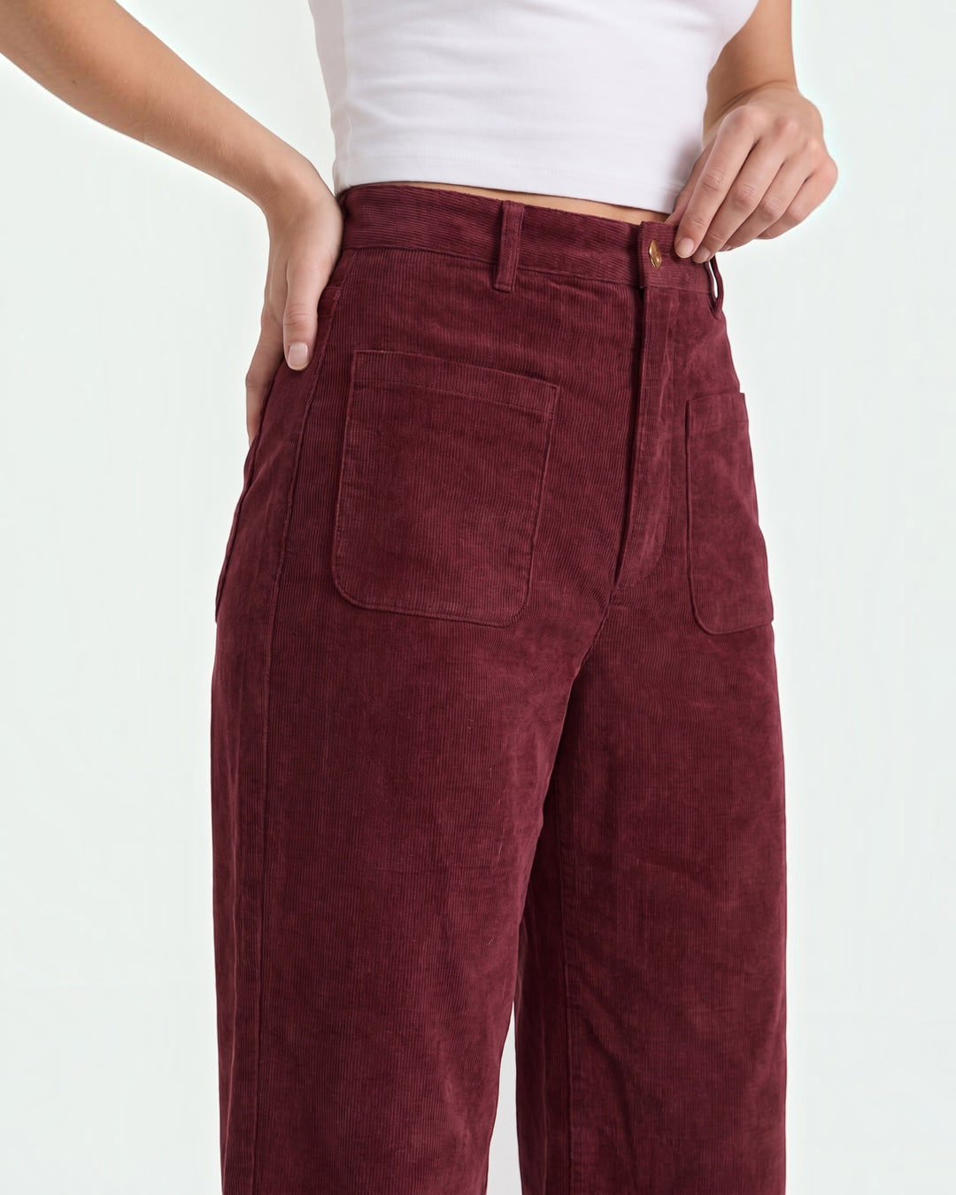 Luna Moda high-waisted wide-leg corduroy trousers in deep burgundy with functional front patch pockets