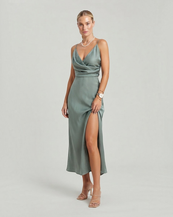 Luna Moda Aneta elegant sage green satin midi dress with a cowl neckline and high side slit worn by a model