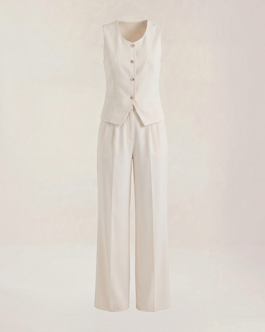Luna Moda cream tailored two-piece set featuring a sleeveless button-down vest top and matching wide-leg trousers.