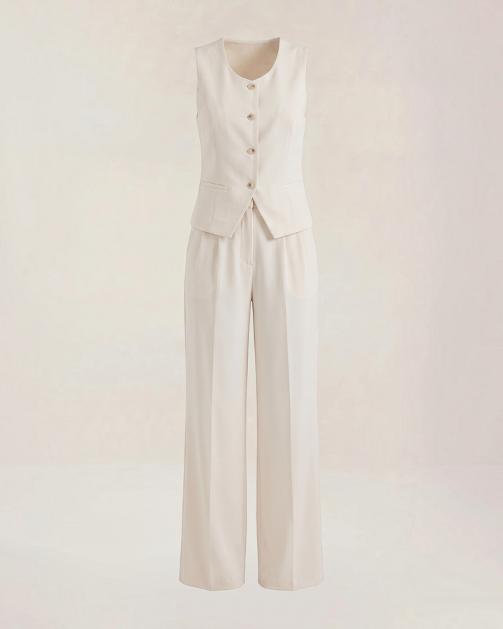 Luna Moda cream tailored two-piece set featuring a sleeveless button-down vest top and matching wide-leg trousers.