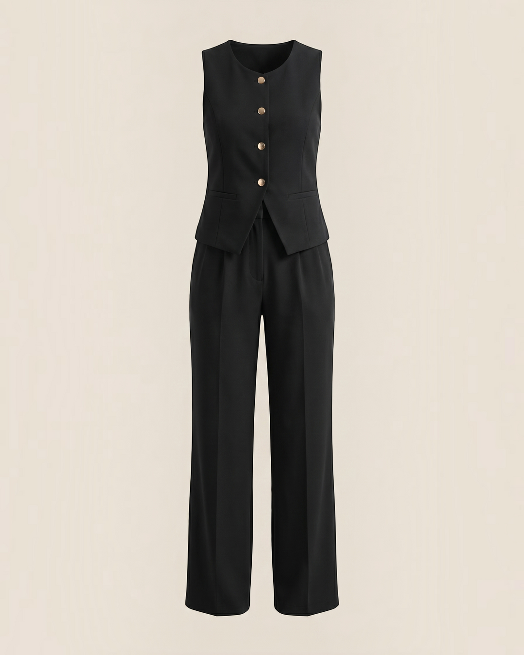 Luna Moda black tailored two-piece set featuring a sleeveless button-down vest top and matching wide-leg trousers.