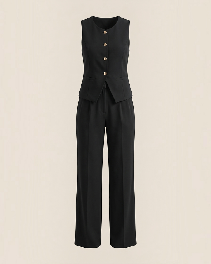 Luna Moda black tailored two-piece set featuring a sleeveless button-down vest top and matching wide-leg trousers.