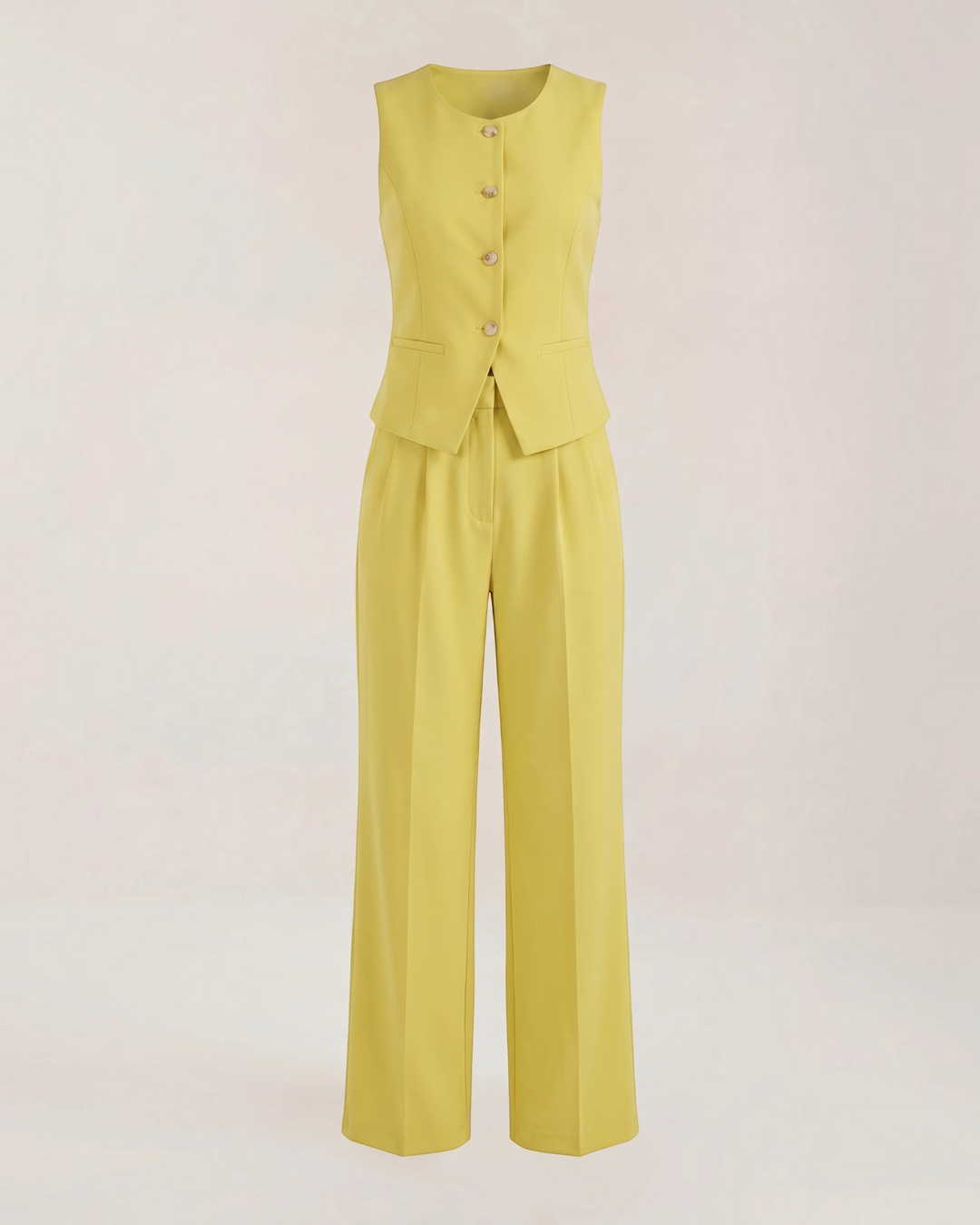 Luna Moda yellow sleeveless tailored vest and matching wide-leg trousers set for a sophisticated professional look.