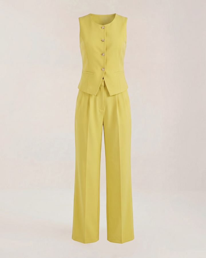 Luna Moda yellow sleeveless tailored vest and matching wide-leg trousers set for a sophisticated professional look.