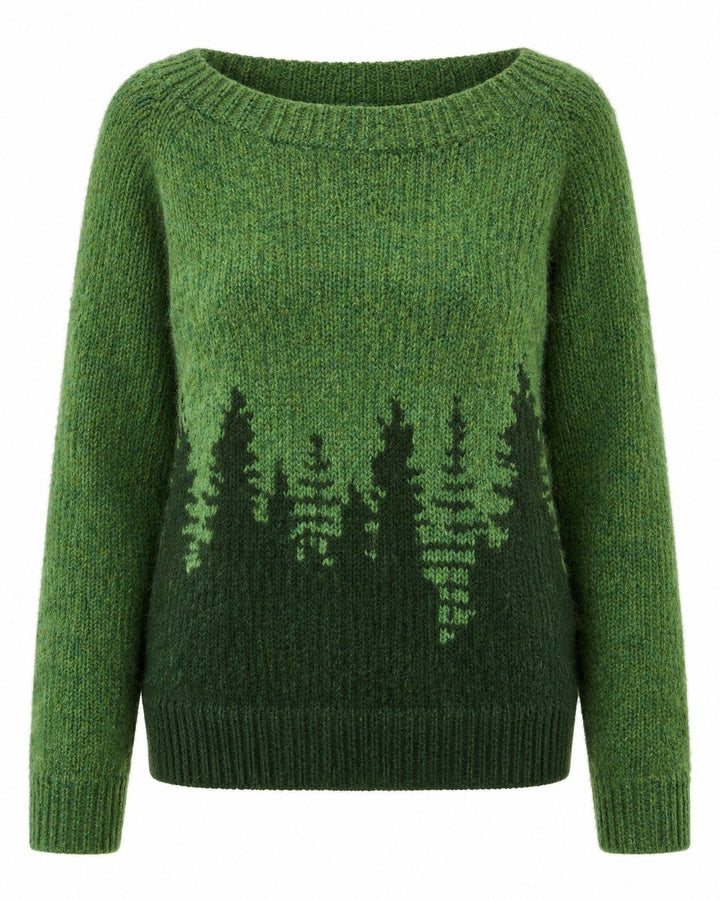 Luna Moda Annalisa green textured knit sweater featuring a dark forest tree pattern and a comfortable boat neckline.