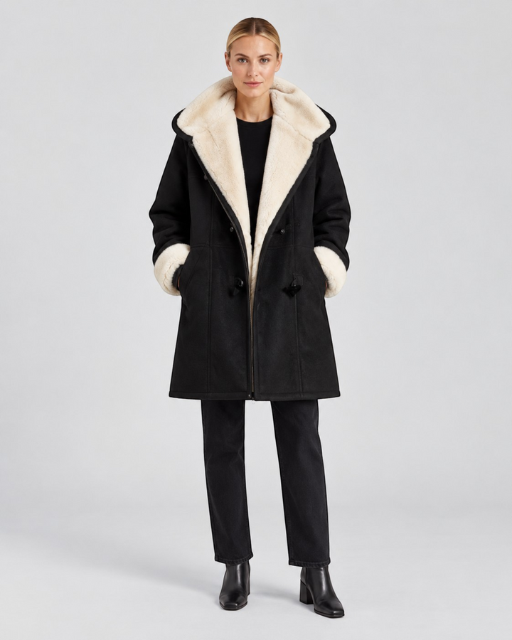 Luna Moda Antonia black winter coat with a cream faux fur hood and lining, worn by a model on a grey background.