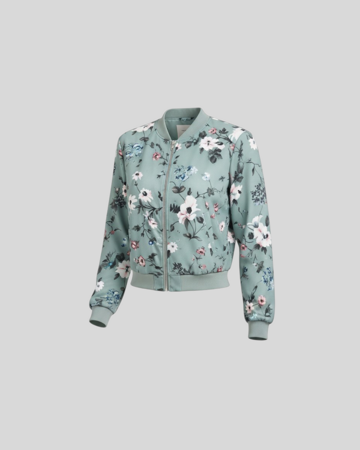 Luna Moda Arianna bomber jacket in sage green with a vibrant floral print, featuring a zip front and ribbed trim.