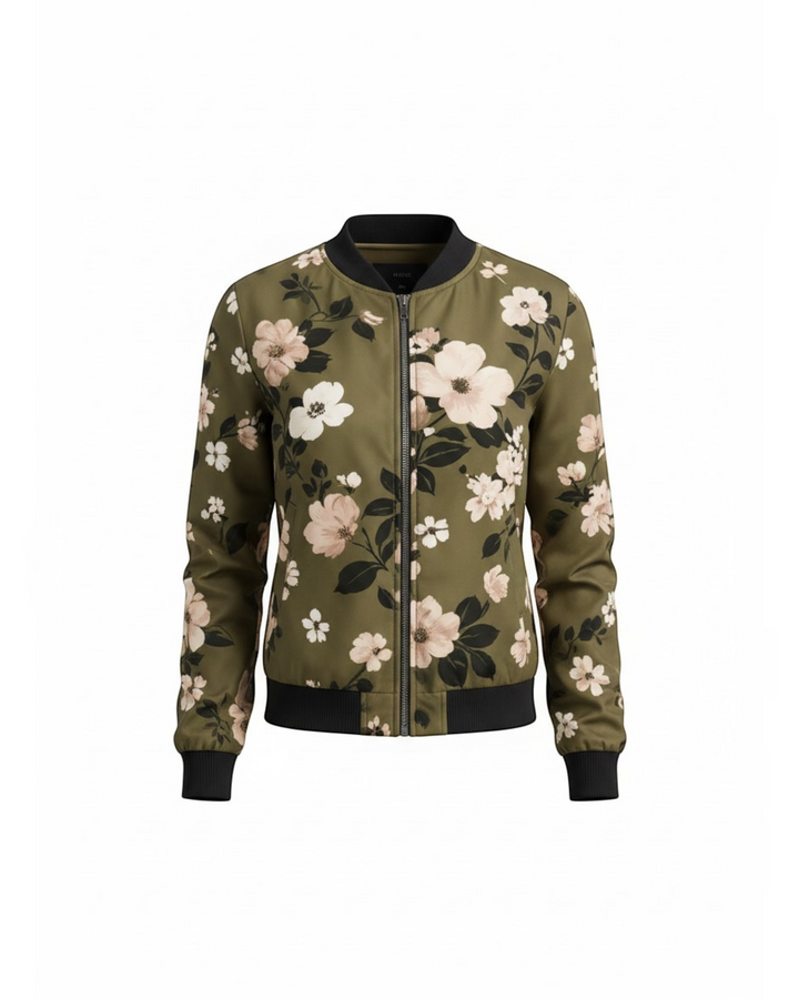 Luna Moda Arianna bomber jacket in olive green with a floral print, featuring black ribbed trim and a front zipper.