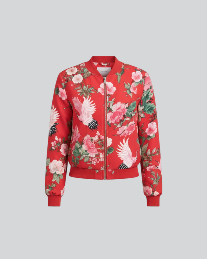 Luna Moda Arianna bomber jacket in red with a vibrant floral and crane print, featuring a zip front and ribbed trim.