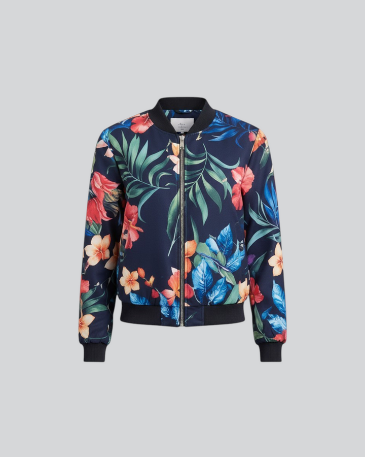 Luna Moda Arianna bomber jacket in navy blue with a vibrant tropical floral print and black ribbed trim.