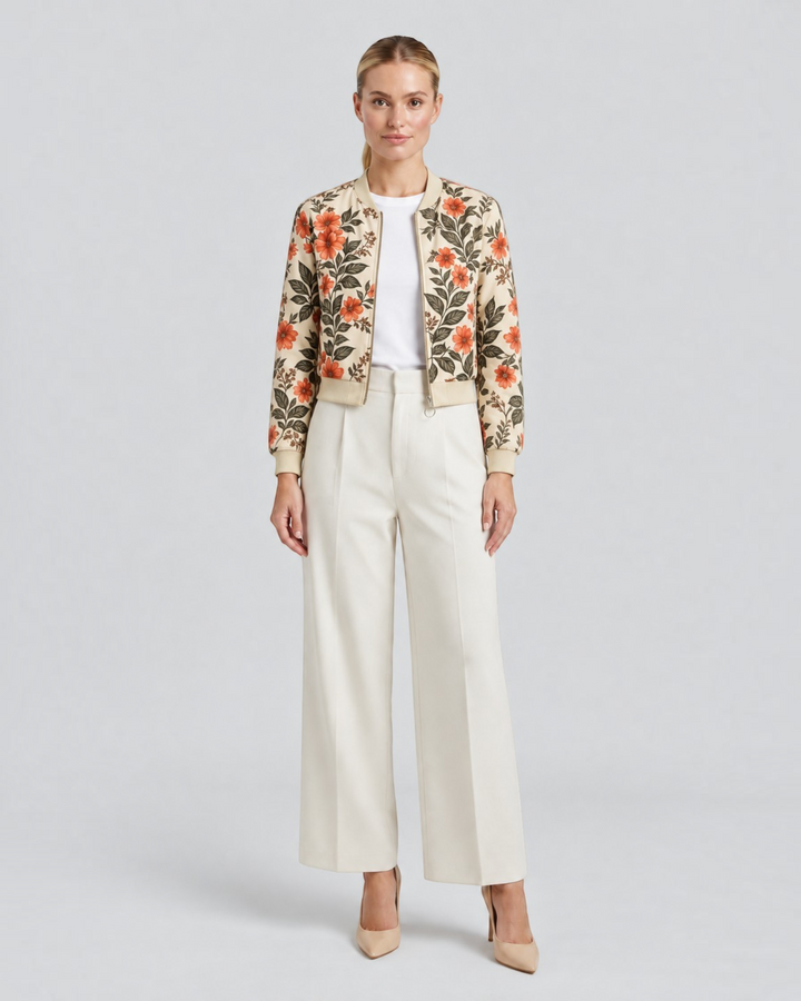 Luna Moda Arianna bomber jacket in beige with vibrant orange floral print, worn by a model with white trousers.