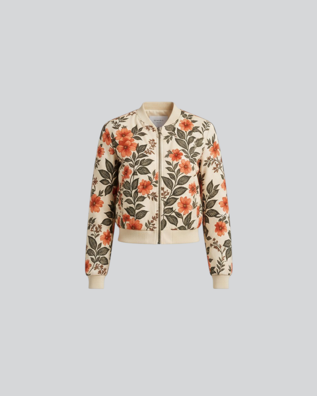 Luna Moda Arianna bomber jacket in cream with a vibrant orange and green floral print and ribbed trim