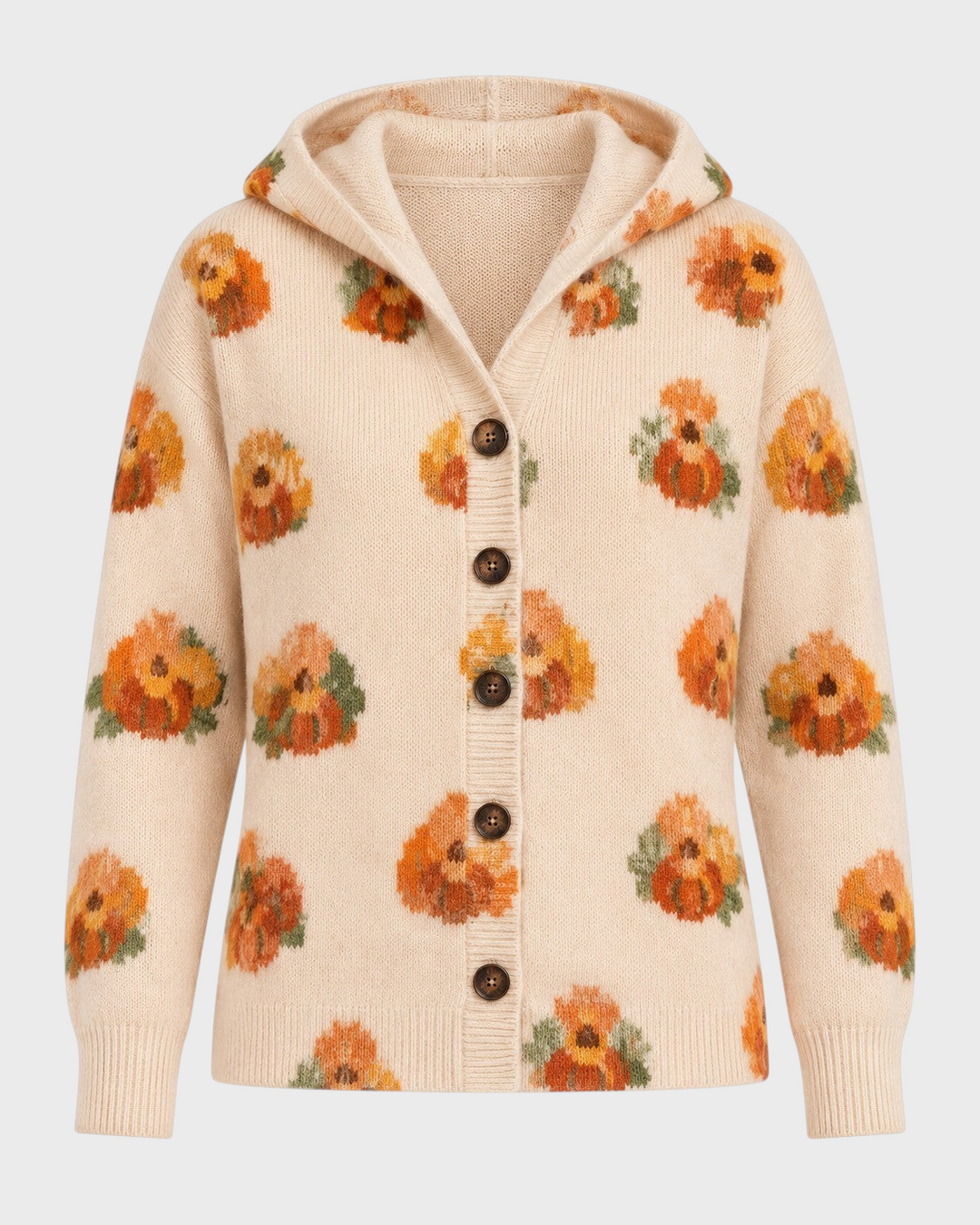 Luna Moda Arianna beige knit cardigan with a hood and orange floral pattern, featuring a button-front closure.